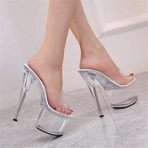 Size 35-43 Women Outside Slippers Summer Transparent PVC Crystal Slipper 17cm Super High Heels Sexy Platform Nightclub Stilettos