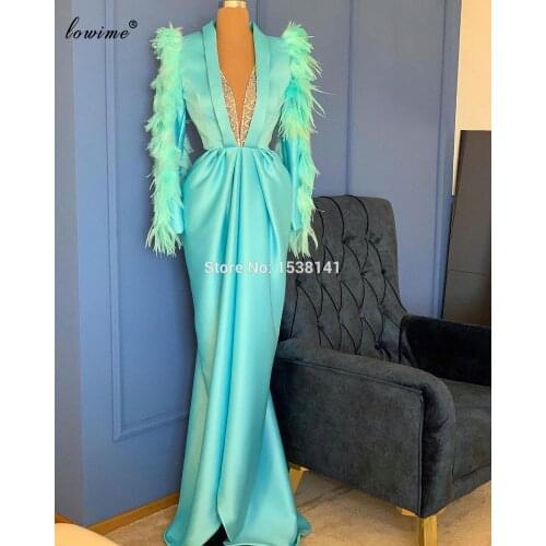 Sky Blue Muslim Formal Evening Dresses Long Sleeves Sexy Celebrity Dresses For Women Feathers Wedding Party Dress Robe De Soiree