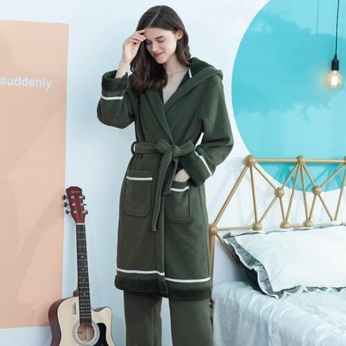 Winter Women Bathrobes Hooded Homewear Nightgown Loose Pajamas Mid-length Flannel Thick Warm Soft Sleepwear Home Dressing gown