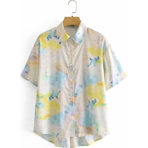 ZXQJ Women 2021 Fashion Tie-dye Printing Asymmetry Blouses Vintage Short Sleeve Female Shirts Blusas Chic Tops