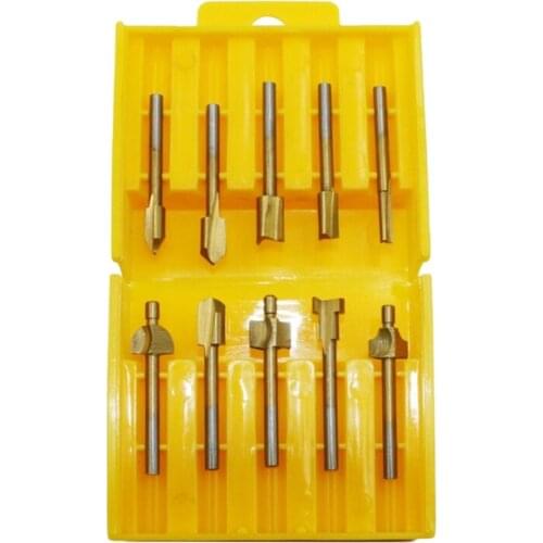10pcs Set Box 3mm HSS Titanium Router Bits Wood Cutter Milling Fits Dremel Rotary Tool Engraving Machine Knife Sharpening Slot