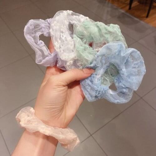 2021 Summer Mesh Scrunchie Flower Embroidery Women Chouchous Lot 6pcs Wholesale Scrunchy Pack Sweet Silk Elestici Hair Band