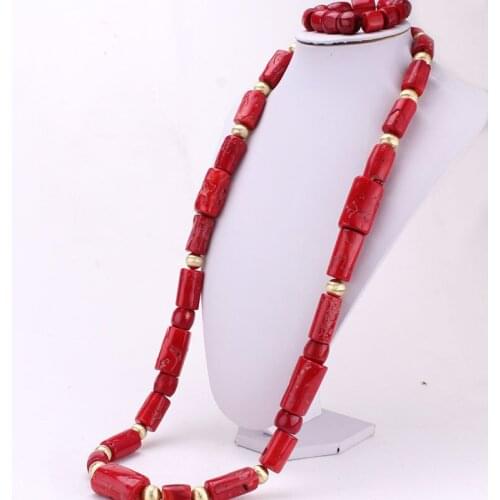 4ujewelry 45 Inches 13-22mm Red / Wine Nature Coral Beads For Nigerian Wedding Men Coral Beads Jewelry Set 2021