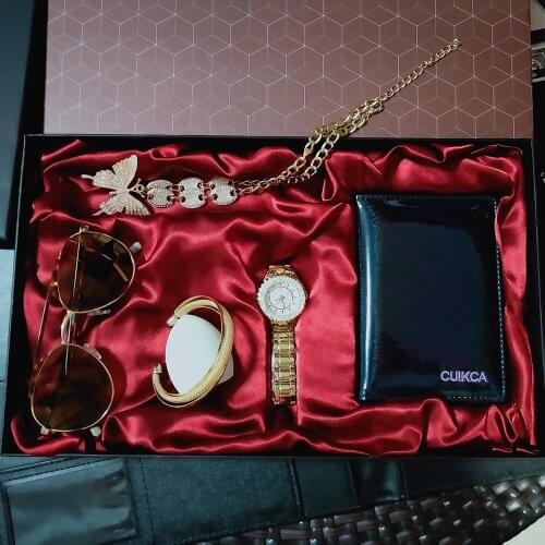 Luxury Watches 5pcs Set Fashion Women Diamond Rhinestone Quartz Wirstwatch Necklace Bracelets Sunglasses Wallet Gifts For Women