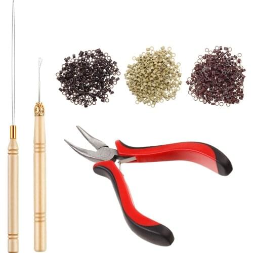 500pcs Micro Link Rings Beads Plier Hook Pulling Needle Tools 2 pcs Pulling Needle +holes Plier Hair Extensions Tool kit