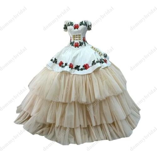 2021 Fairy White Satin Champagne Puffy Skirt Ball Gown Flower Embroidery Quinceanera Prom Dress Off Shoulder Vestido De Anos 15