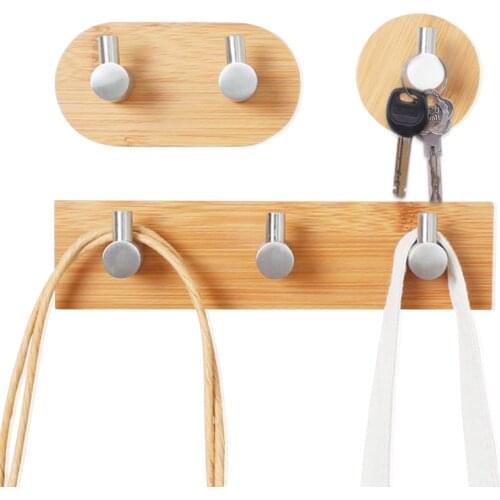 Bamboo Clothes Hook Towel Keys Adhesive Hook Stainless Steel Rustproof Coat Towel Holder Kitchen Bathroom Decorative Hanger