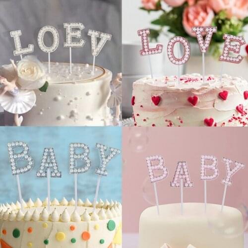 4pcs/set Glitter Rhinestone LOVE BABY Cake Toppers Baby Shower Pink Blue Cake Decoration Wedding Birthday Dessert Topper Supplie
