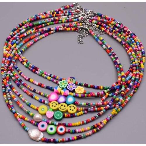 Bohemia Simple choker necklace Polymer clay beads necklace Colorful Rice Beaded Charm Statement Short Choker Necklace for Women