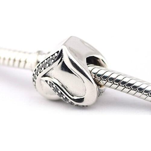 Fit European Pandora Charms Bracelets Ribbon of Love Heart Beads Original 925-Sterling-Silver Cubic Zirconia Heart Brand JEWELRY