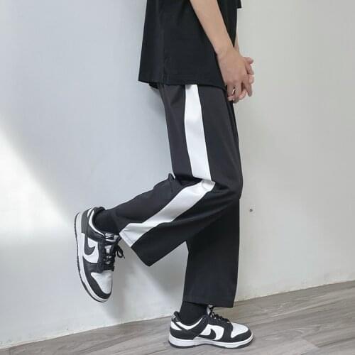 Summer Thin Cotton Casual Pants Mens Fashion Contrast Color Wide-leg Pants Men Streetwear Breathable Loose Ice Silk Pants Mens