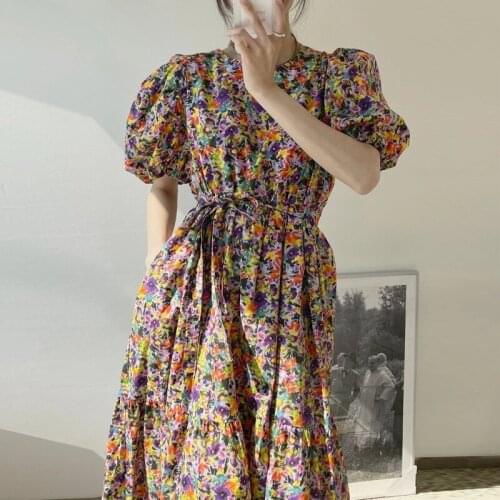Floral Cotton Puff Sleeve Lace-up Dress Long Skirt Z875