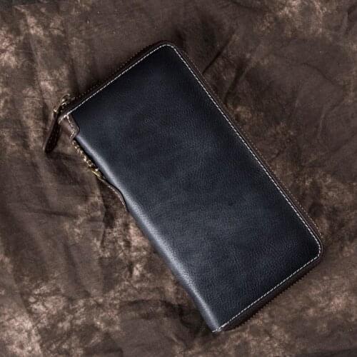 THREEPEALeather Long Wallet Genuine Women Wallets Leather Single Zipper Long Purse With Wristlet Real Cowskin Leather Card Pruse