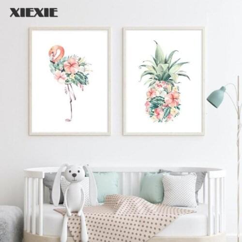 Pink Flamingo Canvas Painting Pineapple Flowers Poster Abstract Watercolor Wall Art Print Nordic Kitchen Picture for Home Decor