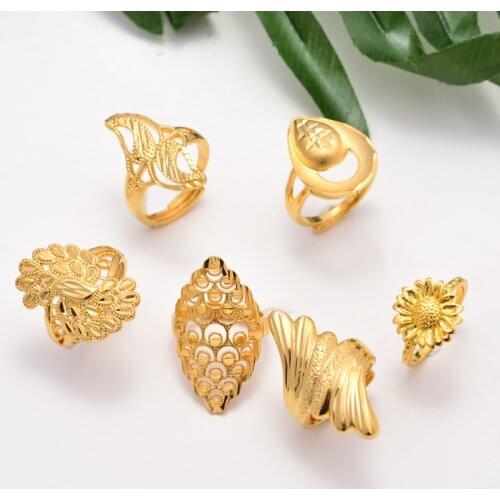 24K 6Styles Dubai gold Color Rings Women Girls Gold Color Ethiopian Ring Africa Arab Wedding bridal Jewelry