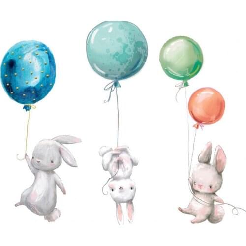Wall Stickers Bunny Removable Damage Free Multi-color Cartoon Rabbit Wall Decals with Balloon for Kids Room