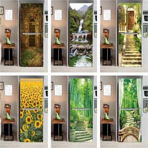 Door Covering of Fridge Sunflower Sea Refrigerator Wallpaper Full Poster Dishwasher Forest Waterfall Decorative Decal Home Decor