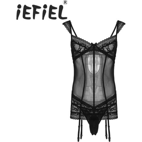 Sexy Mens Mesh Crossdress Lingerie Set Adjustable Spaghetti Straps Floral Lace Sissy Garters Mini Dress with G-string Underwear