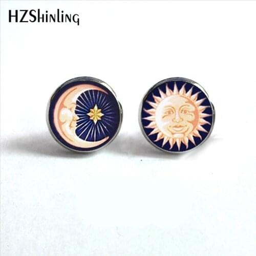 NES-00110 Sun and Moon Studs Earrings Crescent Moon Earring Moon Sun Ear Studs Glass Cabochon Earrings Handmade HZ4