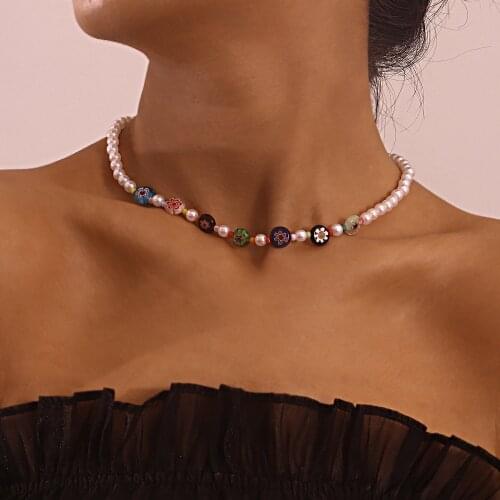 TAUAM 2021 New Korean Sweet Colorful Little Daisy Acrylic Flowers Boho Beaded Clavicle Necklaces for Women Girls Jewelry