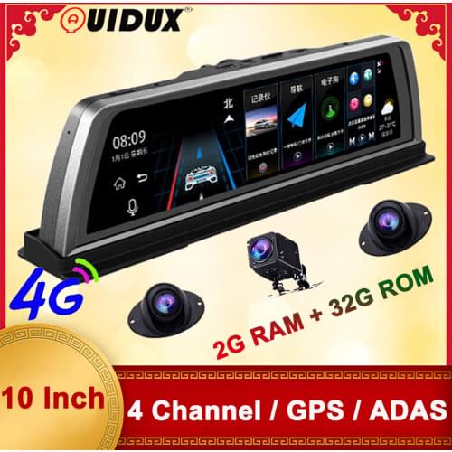 QUIDUX 10" Rearview mirror 4 Channel WIFI 4G ADAS Car DVR Camera GPS Navigation Dash Cam Full HD 1080P Video Recorder Android OS