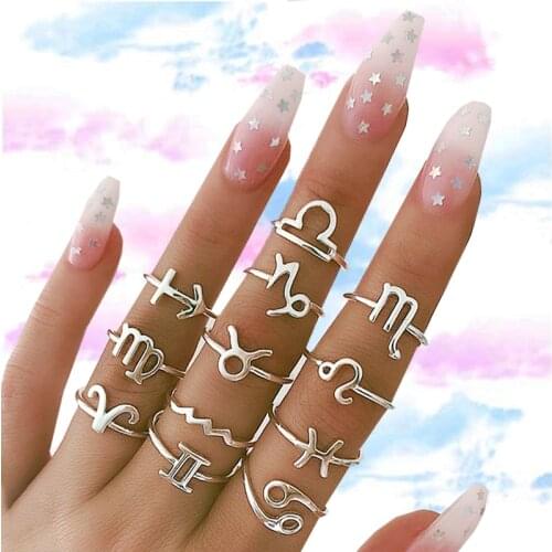 Y2K Jewelry Metal 12pcs 12 Constellation Rings for Women Fashion Ethnic Vintage Punk Ring Set Charm 90s Aesthetic Gifts New
