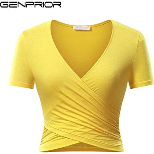 GENPRIOR Summer Women Stretch T-Shirts Female V-neck Knitted Fashion Slim Solid Color Short Sleeve Cotton Lady Thin Short Tops