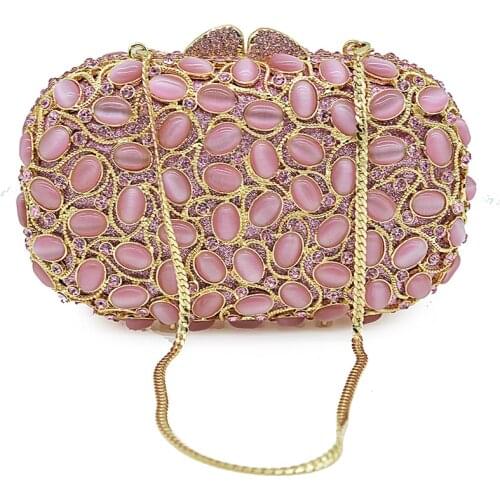 Luxury Gold Metal Pink Rhinestone Evening Clutch Bag Hollow Out Women Party Purse Dinner Handbags Fashion Ladies Shoulder Bag