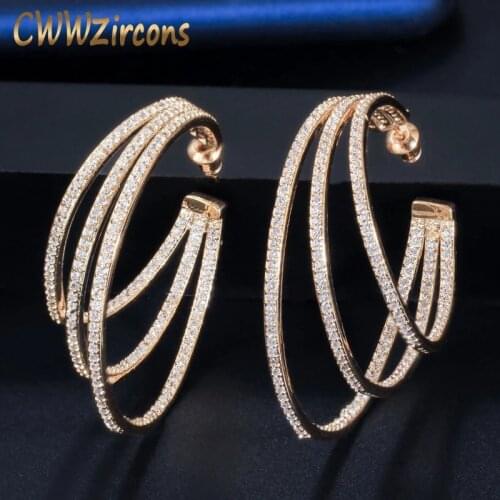 CWWZircons 3 Circle Bling Cubic Zirconia Pave Luxury Yellow Gold Color Big Round Geometric Hoop Earrings for Women CZ581