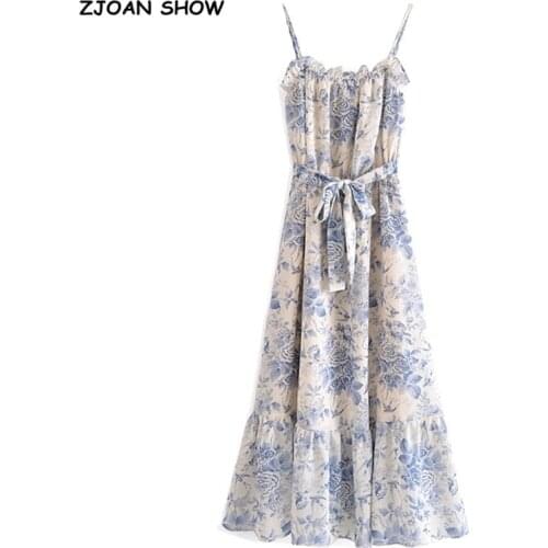 2021 Vintage French Flower Print Spaghetti Strap Ruffles Hem Midi Dress Retro Women Tie Bow Sashes Sling Dresses Holiday