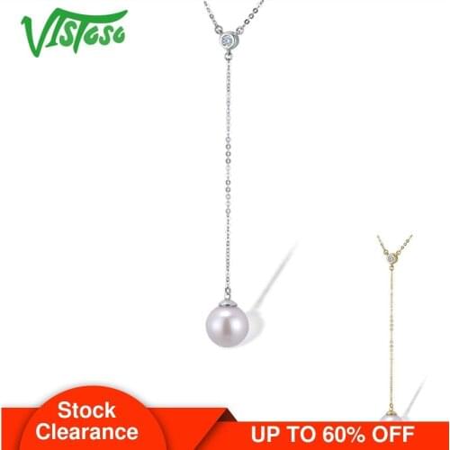 VISTOSO Gold Necklace For Women Genuine 14K 585 White Yellow Gold Fresh Water White Pearl Diamond Enegant Necklace Fine Jewelry