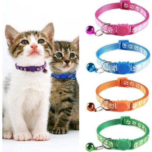 1PC New Pet Decor Collars Pet Dog Cat Nylon Fashion Paw Safety Buckle Kitten Necktie With Bell Cute Cat Head Puppy 1cm