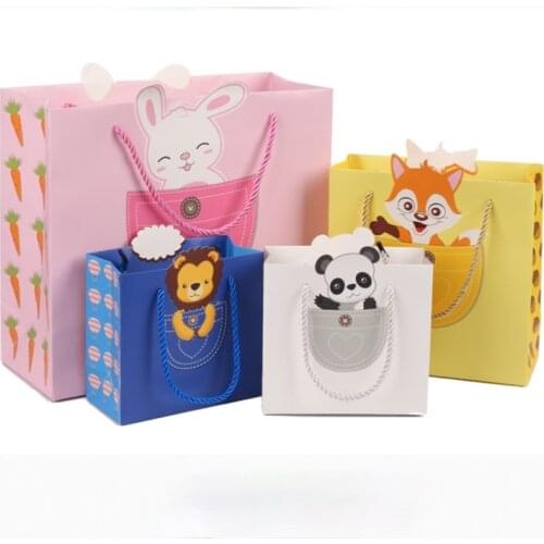10PCS Gift Bag Return Bag Paper Bag Birthday Gift Bag Cute Cartoon Creative Tote Bag Animal Hand Bag Small Lion Rabbit Panda Fox