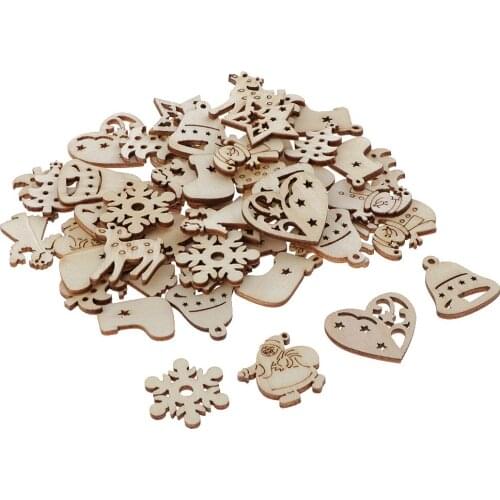 50x Unpainted Xmas Wooden Slices Pendants With Hole Christmas Tree Hanging