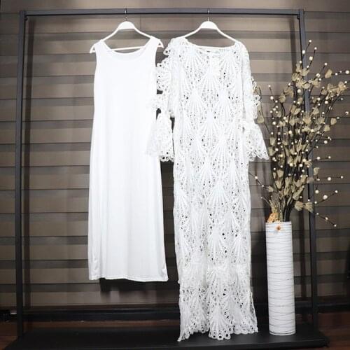 African Dresses For Women Plus Size Long Dress White Lace Maxi Dress African Clothes O-Neck Ruffles Sleeve Long Dress Partyclub