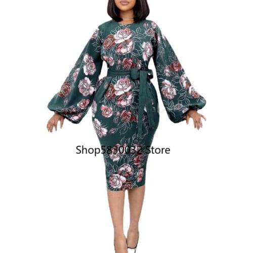 African Dresses for Women Summer New African Women Long Sleeve Printing Plus Size Knee-length Dress African Clothes Women