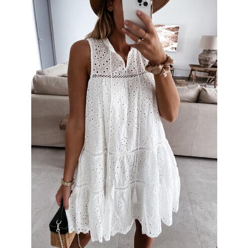 Foridol Sleevless White Lace Dress Beach Summer Women 2021 Casual A-line Loose Hollow Out Short Dress Female Clothes