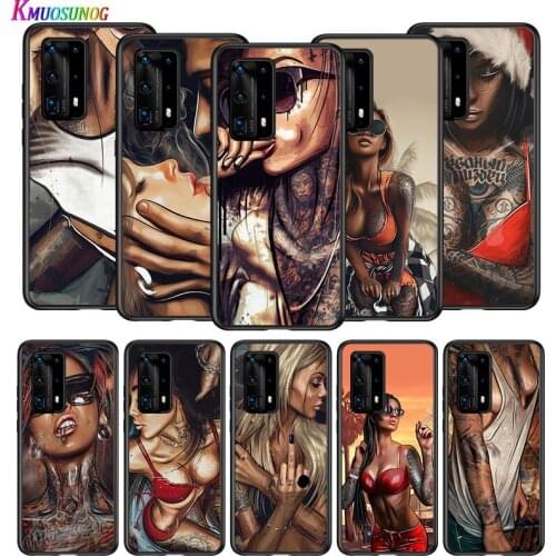 Sexy Sleeve Tattoo Girl for Huawei P50 40 P30 P20 P10 Pro Lite E Plus 4G 5G P9 P8 Lite P Smart Z S Soft Black Phone Case