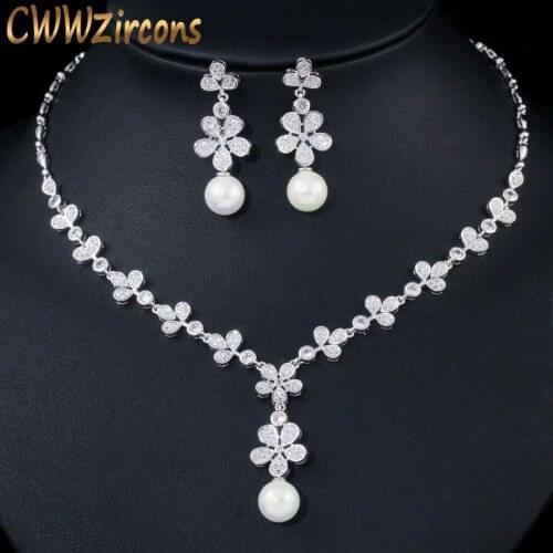 CWWZircons Cubic Zirconia Paved Leaf Flower Drop Pearl Party Necklace Earrings Jewelry Sets for Women Wedding Banquet T367