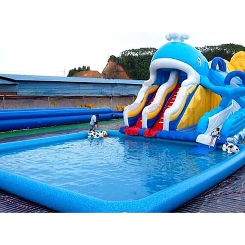 Giant cartoon amusement park inflatable toy large swimming pool with long slide