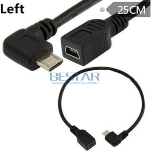 25CM USB 2.0 Micro Male Down & Up & Left & Right Angled to Mini USB 5pin Female OTG Data Extension Cable Cord 0.25m micro-USB