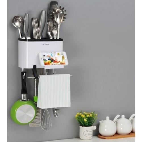Kitchen Storage Container Kitchen Stuff Organizer Chopsticks Knife Phone Rack Stainless Steel Towel Rack Hooks Multifunction