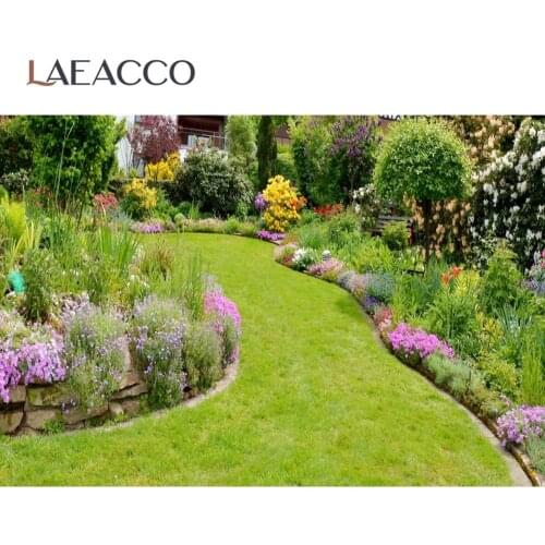 Laeacco Spring Flowers Park Garden Lawn Trees Road Photography Backgrounds Customized Photographic Backdrops For Photo Studio