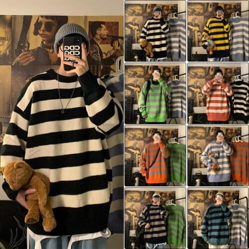 2021 Pullover Striped Sweater Oversized Mens Knitted Men Sweaters Hip Hop Harajuku Korean Casual Black Sweater Men Clothing 2XL