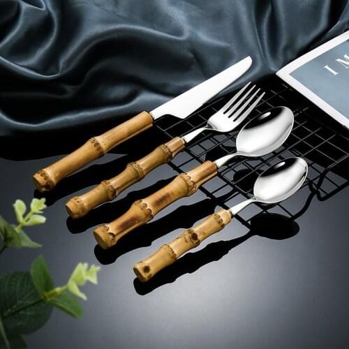 4 Pcs Dinnerware Set Bamboo Handle Cutlery Set Stainless Steel Knife Fork Spoon Steak Knives Cutlery Home Kitchen Tableware