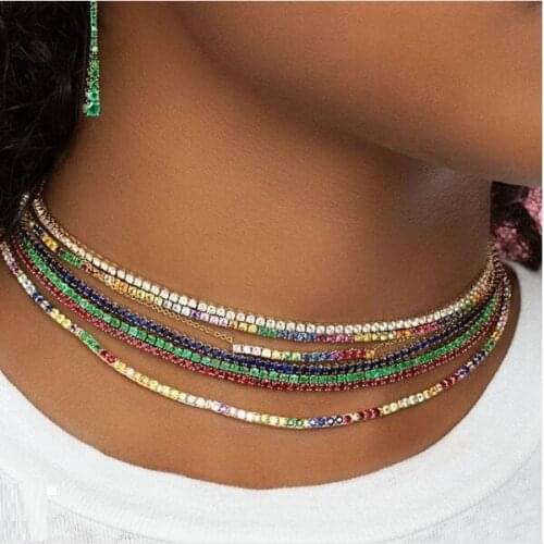 New Arrive Thin CZ Tennis Chain Necklace Multi Layer Choker Various Rainbow Colorful CZ Trendy Necklace For Women Gold Color