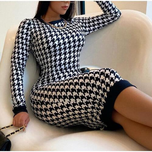 Houndstooth Print Bodycon Womens Midi Dress Slim Stretch O-neck Back Hole Female Dresses Autumn 2021 Sexy Fashion Lady Vestidos