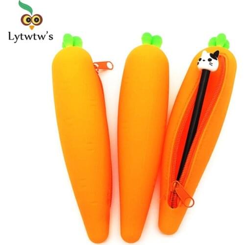 1 Pcs Lytwtws New Cute Cartoon Kawaii Carrot Portable Silicon Pen Pencil Bag Makeup Cosmetic Pocket School Stationary Case