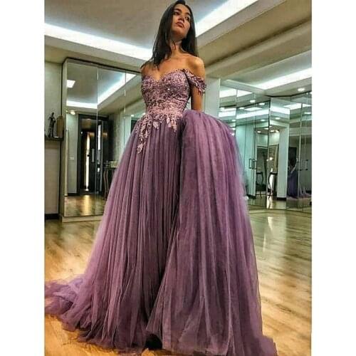 Off The Shoulder Prom Dresses Party A-line Tulle 2021 Islamic Dubai Kaftan Saudi Arabic Long Formal Dress Purple Evening Gown