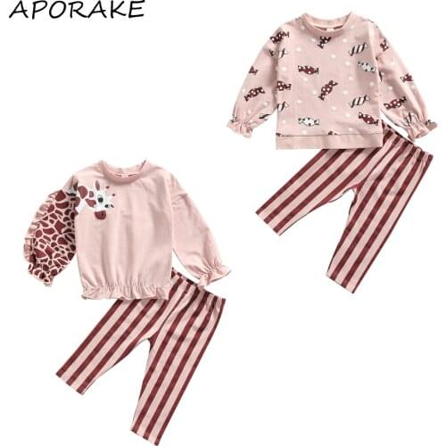 2021 1-5Y Infant Casual Baby Girl Clothing Giraffe/Candy Print Long Sleeve O Neck Pullover+Color Block Striped Pants Autumn 2pcs